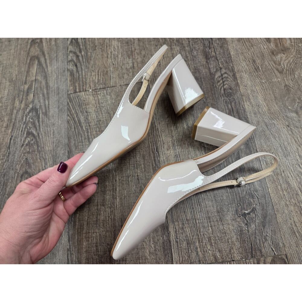 Marc Fisher Lethe Slingback Heels Shoes 7M Bone Ivory Cream Patent Faux Leather - Picture 3 of 9